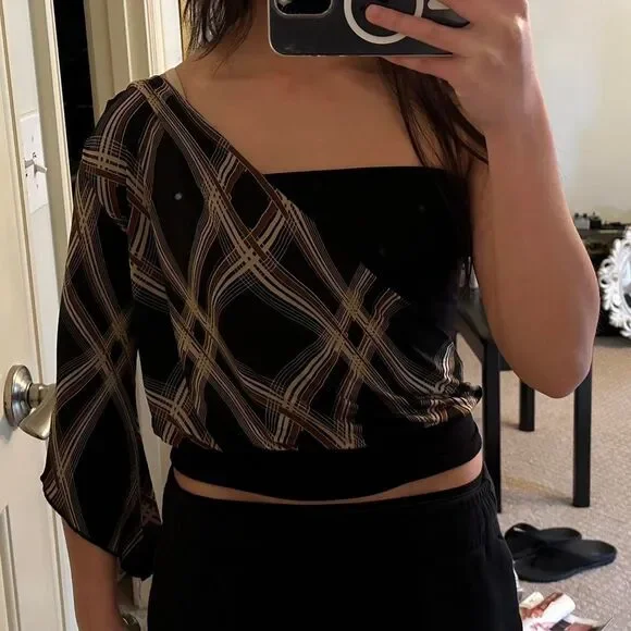 Rave Women's Small Black/Brown Abstract One Shoulder Top with Flared Sleeve - Picture 7 of 7